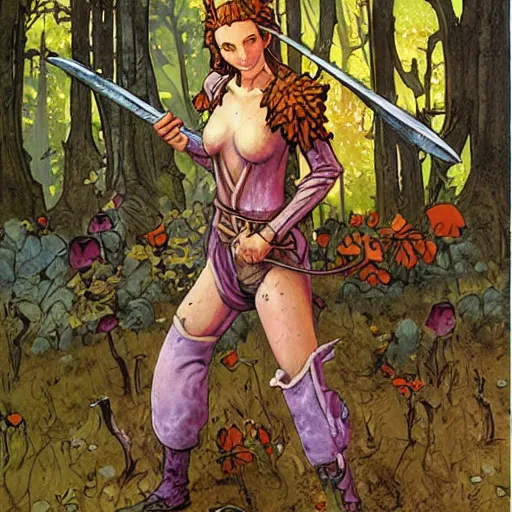 Image similar to moonshine cybin, epic level dnd wood elf spore druidess, wielding a magical sword, wearing magical overalls. covered in various fungi. full character concept art, realistic, high detail digital gouache painting by angus mcbride and michael whelan and jeffrey jones