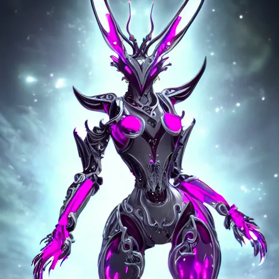 Image similar to highly detailed exquisite fanart, of a beautiful female warframe, but as an anthropomorphic elegant robot female dragon, shiny white silver plated armor engraved, robot dragon head, Fuchsia skin beneath the armor, sharp claws, long sleek tail behind, robot dragon hands and feet, two arms and legs, elegant pose, close-up shot, full body shot, epic cinematic shot, professional digital art, high end digital art, singular, realistic, DeviantArt, artstation, Furaffinity, 8k HD render, epic lighting, depth of field