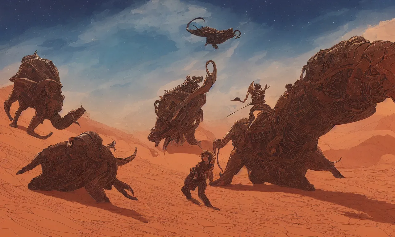 Image similar to detailed painting of dune movie, desert landscape, huge bull emerging from the sand, trending on artstation, by josan gonzalez, flat colors, defined lines