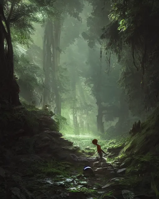 Image similar to a kid looking into a mirror in the hidden garden, green forest, environment art, fantasy art, landscape art, in the style of greg rutkowski, illustration, epic, fantasy, intricate, hyper detailed, artstation, concept art, smooth, sharp focus, ray tracing