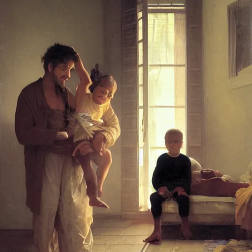 Image similar to a male patient at home with his wife and son standing by. happy, cheerful, smiling, intricate, face enhance, sharp focus, cinematic lighting, sharp focus, featured in artistation, 8 k, art by greg rutkowski, william adolphe bouguereau