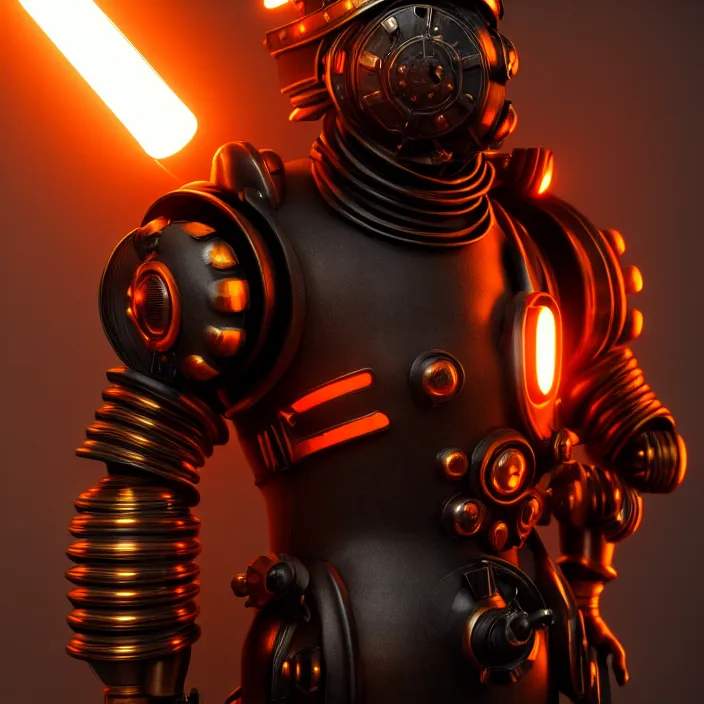 Prompt: a character in a futuristic room, black and orange steampunk armor, highly detailed, render, vray, octane, realistic lighting