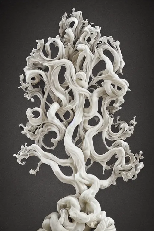 Prompt: a white piece of art that looks like a baroque flourish tree, a marble sculpture by alberto seveso, trending on cgsociety, art nouveau, rococo, biomorphic, marble sculpture