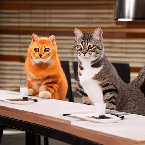 Prompt: anthropomorphic cats competing at masterchef, studio shot