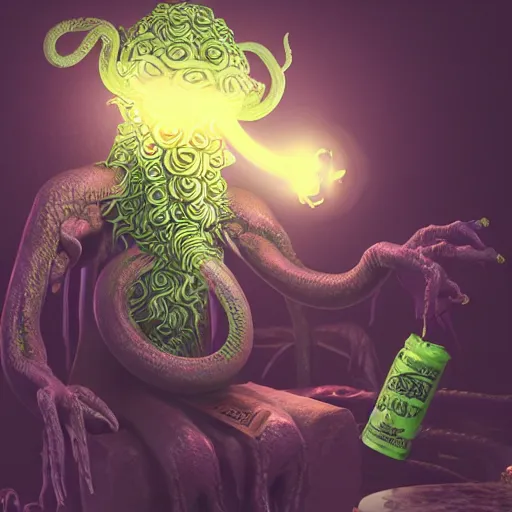 Image similar to Cthulu having a smoke after a long day of being worshipped, Lovecraftian, detailed, Weta Softworks, neon green highlights, 8k render