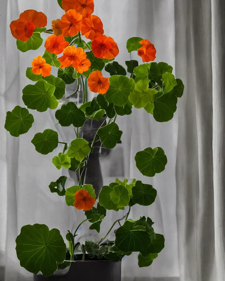 Prompt: photorealistic still life arrangement of a flowering nasturtium surrounded by blueish smoke with soft light coming from a window in a dark room, moody, flower designer, beautiful classical style