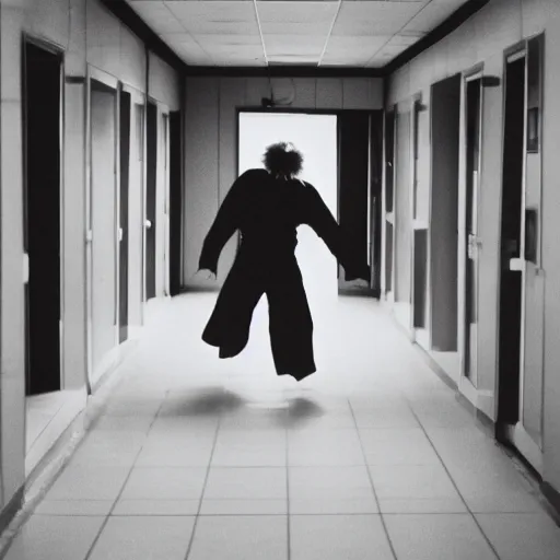 Prompt: A creepy photo of Ronald McDonald chasing you in an empty hallway, disposable film