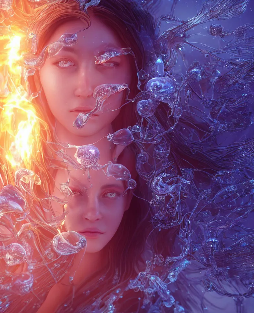 Image similar to close-up macro portrait of the face of a beautiful princess, epic angle and pose, symmetrical artwork, 3d with depth of field, blurred background, cybernetic jellyfish female face skull phoenix bird, translucent, nautilus, energy flows of water and fire. a highly detailed epic cinematic concept art CG render. made in Maya, Blender and Photoshop, octane render, excellent composition, cinematic dystopian brutalist atmosphere, dynamic dramatic cinematic lighting, aesthetic, very inspirational, arthouse. y Greg Rutkowski, Ilya Kuvshinov, WLOP, Stanley Artgerm Lau, Ruan Jia and Fenghua Zhong