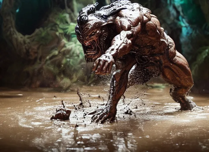 Prompt: photo of schwarzenegger waterbending mud at predator. highly detailed 8 k. intricate. lifelike. soft light. sony a 7 r iv 5 5 mm. cinematic post - processing