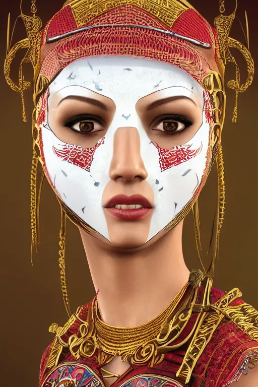 Image similar to hyperrealistic portrait from middle eastern mask woman, ride horse, super highly detail, accurate, without duplication content, gta chinatown wars art style, white border frame.