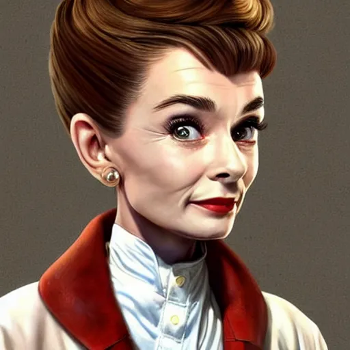 Image similar to a highly detailed epic cinematic concept art CG render digital painting artwork costume design: Audrey Hepburn as a 1950s crazy mad scientist lunatic in a brown lab coat, with unkempt hair and crazy eyes. By Mandy Jurgens, Lim Chuan Shin, Simon Cowell, Barret Frymire, Dan Volbert, Beeple, Butcher Billy, David Villegas, Irina French, Heraldo Ortega, Rachel Walpole, Jeszika Le Vye, trending on ArtStation, excellent composition, cinematic atmosphere, dynamic dramatic cinematic lighting, aesthetic, very inspirational, arthouse