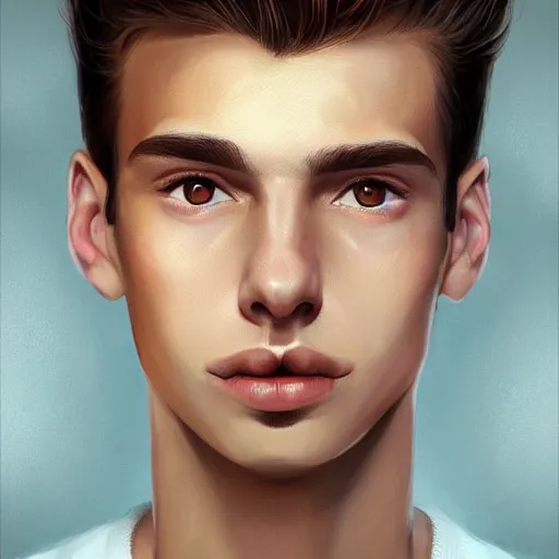Prompt: 22 year old boy with brown blond short quiff hair and thin slightly round facial structure with cleft chin, bumpy nose, good definition of cheekbones, Alert brown eyes, narrow face, slim body, atmospheric lighting, painted, intricate, 4k, highly detailed by Charlie Bowater