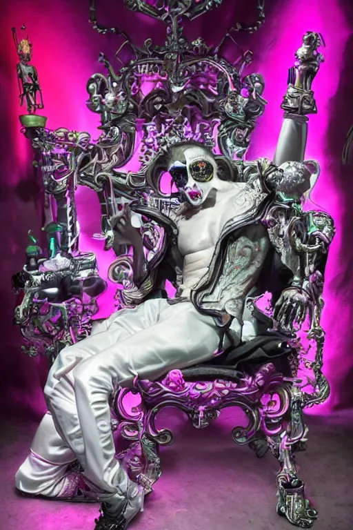 Image similar to full-body rococo and cyberpunk style neon statue of a young attractive mexicano macho chacal android reclining sim roupa con camote, glowing white laser eyes, prince crown of pink gears, diamonds, swirling silver-colored silk fabric. futuristic elements. full-length view. space robots. human skulls. intricate artwork by caravaggio. Trending on artstation, octane render, cinematic lighting from the right, hyper realism, octane render, 8k, depth of field, 3D