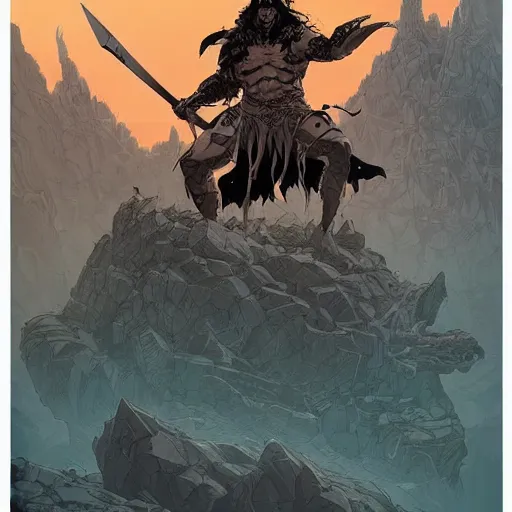 Prompt: cell shaded cartoon, a dark lord conan the Barbarian raising a sword atop a mountain of bones, concept art by josan gonzales and wlop, Laurie Greasley and james jean, highly detailed, sharp focus, Trending on Artstation, HQ, deviantart, art by artgem