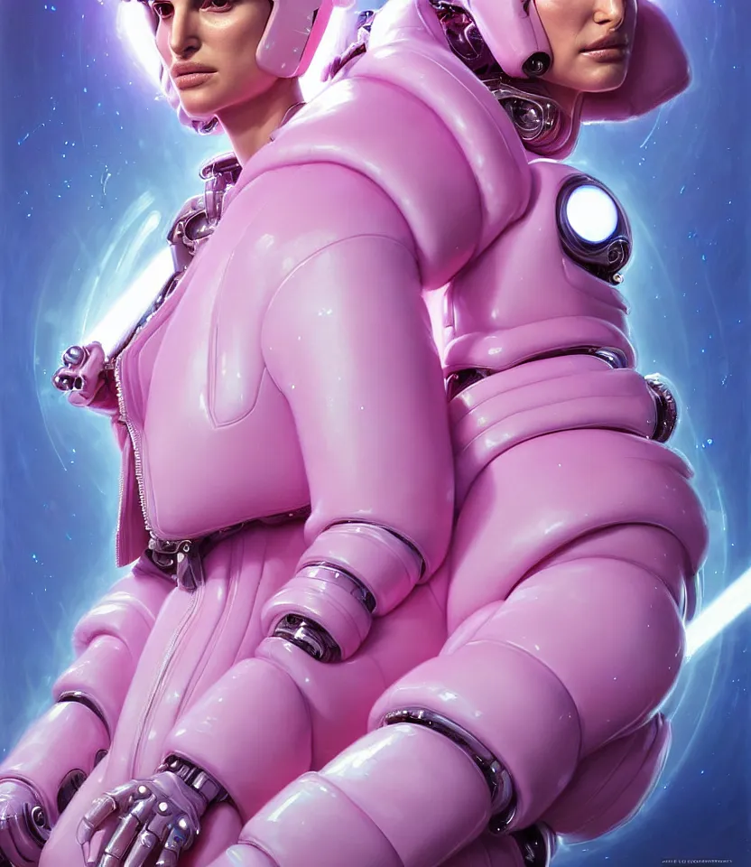 Image similar to beautiful fantasy character portrait of a natalie portman cyborg, wearing pink puffy bomber jacket with white fur, seductive reclining pose, lasers, ultra realistic, dramatic lighting, robots, the fifth element artifacts, highly detailed by peter mohrbacher, hajime sorayama, wayne barlowe, boris vallejo, aaron horkey, gaston bussiere, craig mullins