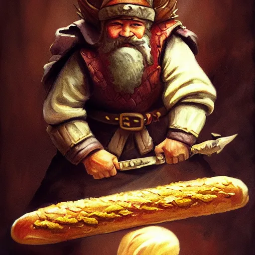 Prompt: a dnd dwarf riding a baguette, fantasy dnd painting, artstation,