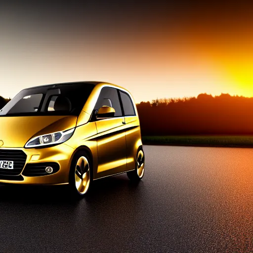 Image similar to ein goldenes auto das auf einer strße aus schokolade fahrt bei einem sonnenuntergang. 8 k render