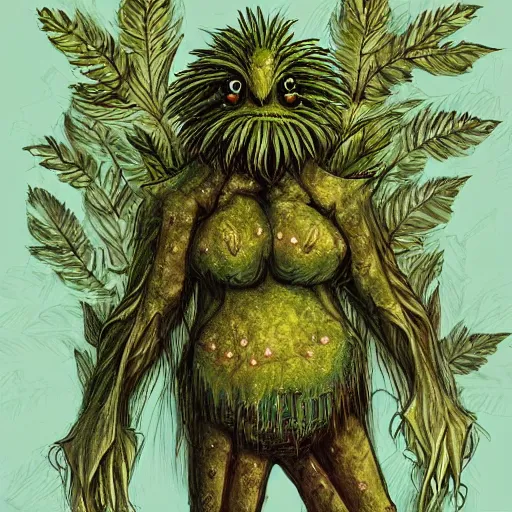 Image similar to plant monster, trending on art station, amber eyes and a smug smile