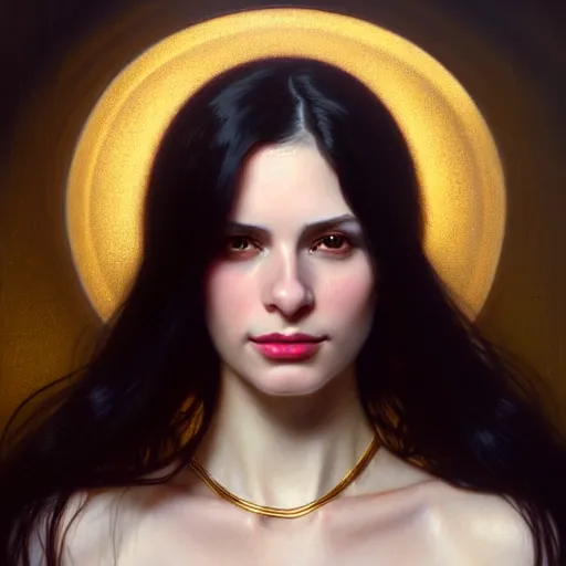 Image similar to portrait of a smiling, beautiful, pale skin eastern european female with long black hair, dark brown eyes, elegant clothing, photorealistic, highly detailed, artstation, smooth, sharp focus, gold ornaments, neon lighting, sci - fi, art by gustav klimt, artgerm, greg rutkowski and alphonse mucha