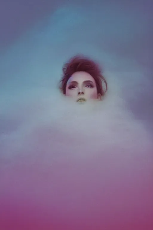 Image similar to high quality pastel coloured film close up wide angle photograph of a model wearing clothing resting on cloud furniture in a icelandic black rock!! environment in a partially haze filled dreamstate world. three point light, rainbow. photographic production. art directed. pastel colours. volumetric clouds. pastel gradient overlay. waves glitch artefacts. extreme facial clarity. 8 k. filmic.