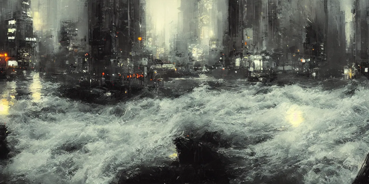 Image similar to street level view of turbulent river rapids rushing through a city at night , by Jeremy Mann