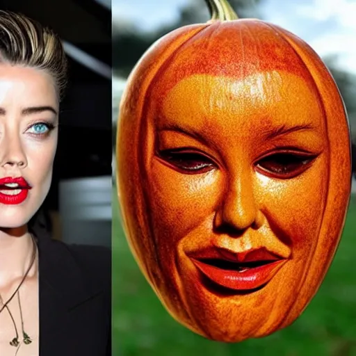 Image similar to a [ gourd ] carved shaped to look like ( amber heard ) face hybrid intercross