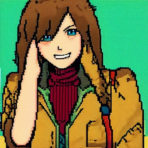 Image similar to snes graphics, 1 6 bit pixel art, game character, girl, brown jacket with sleeves that touch ground, brown hair, hair down, pigtails hair, green eyes, clean background