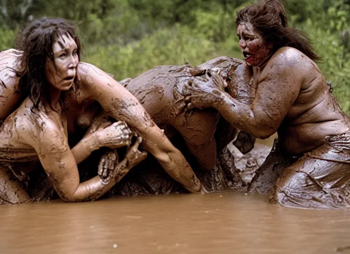 Image similar to four cavewomen mud wrestling a mountain lion, movie still photograph taken by richard kern, from the movie clan of the cave bear, 8 k, realistic