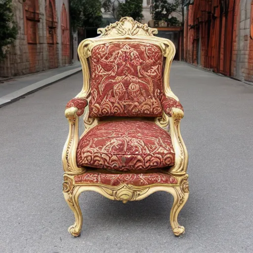 Prompt: seventies style baroque chair, product photo, highly detailed