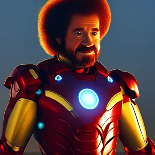 Image similar to a still of Bob Ross as Ironman. Magic Hour. Professional photography, 4K. Mood