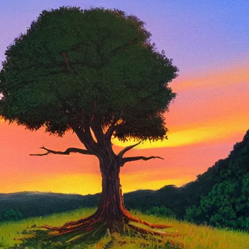 Image similar to a large-dead-oak atop a hill with a bright-sunset behind it by bob ross