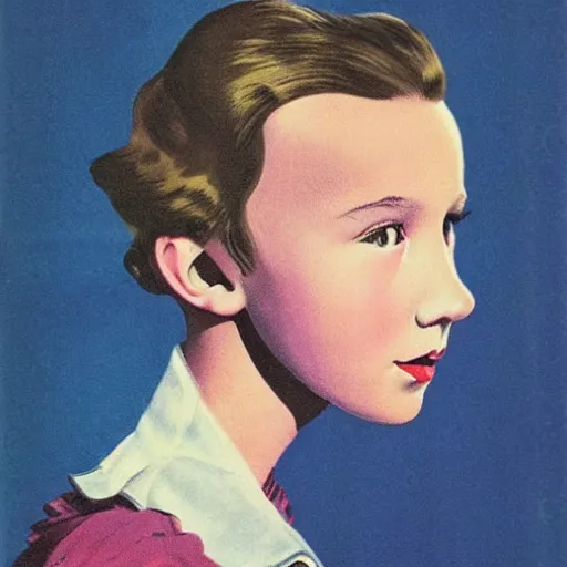 Image similar to “Millie Bobby Brown portrait, color vintage magazine illustration 1950”