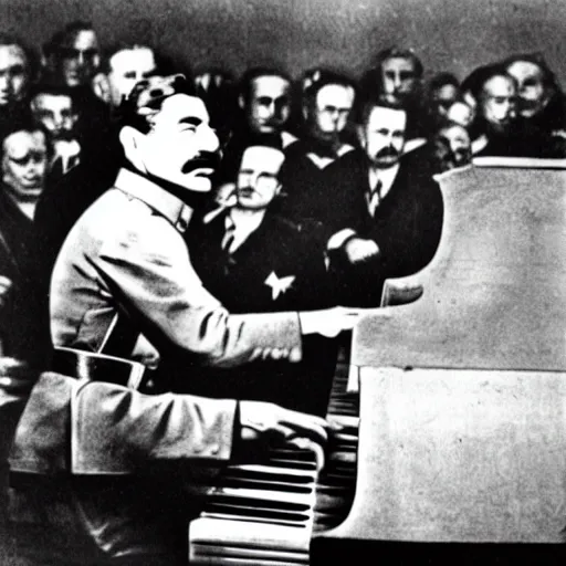 Prompt: a picture of Joseph Stalin playing the piano in front of a great audience