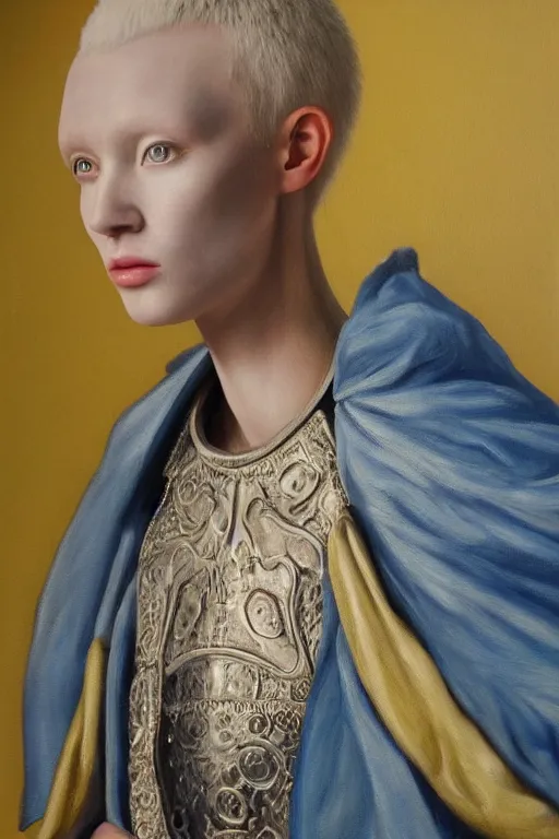 Image similar to hyperrealism oil painting, close - up portrait of albino medieval fashion model, knight, steel gradient mixed with nebula sky, in style of baroque