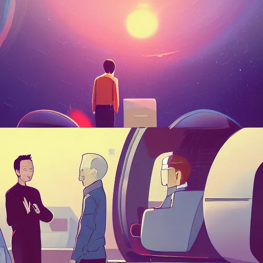 Prompt: Illustration of the secret meeting between Elon Musk, Jeff Bezos and Mark Zuckenberg to create the great simulation by Makoto Shinkai and James Gilleard