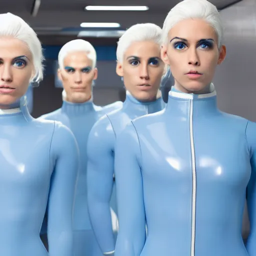 Image similar to troop of identical athletic humans with white hair wearing tight light blue latex suits, in formation, futuristic chemistry lab, sci - fi, highly detailed, hyperrealistic