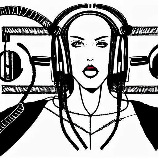 Prompt: a drawing of a person with headphones on, cyberpunk art by Hirohiko Araki, behance, funk art, synthwave, darksynth, official art