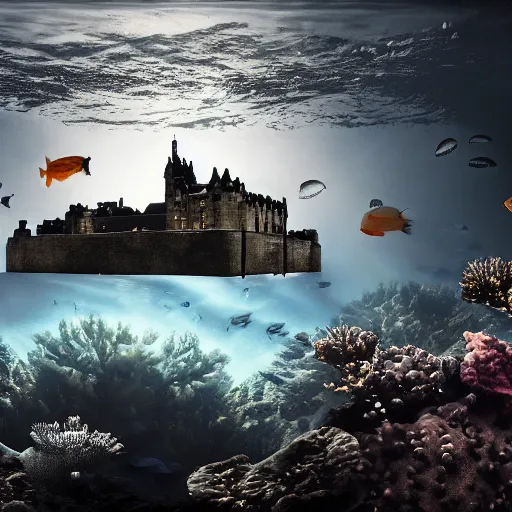 Image similar to underwater Edinburgh Castle, deep underwater, fish shoal, concept art in style of Greg Rutkowki, dynamic moody lighting, 4k, very highly detailed, hyper realistic