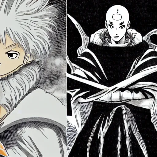 Image similar to still of Aang from Last Airbender in Berserk in manga panel by Kentaro Miura