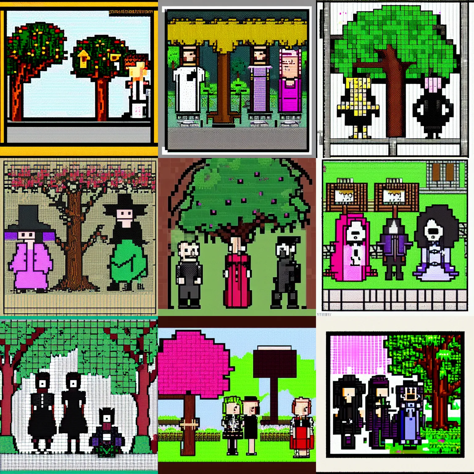 Prompt: pixelart. three goths loitering in the shade, talking beneath a cherry tree outside a blockbuster video store.