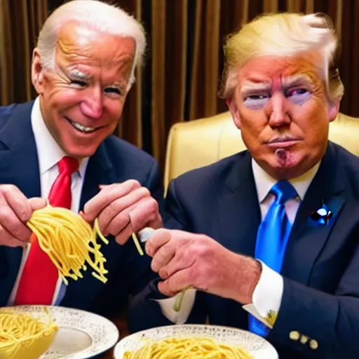 Image similar to Joe Biden and Donald Trump eating spaghetti with beans