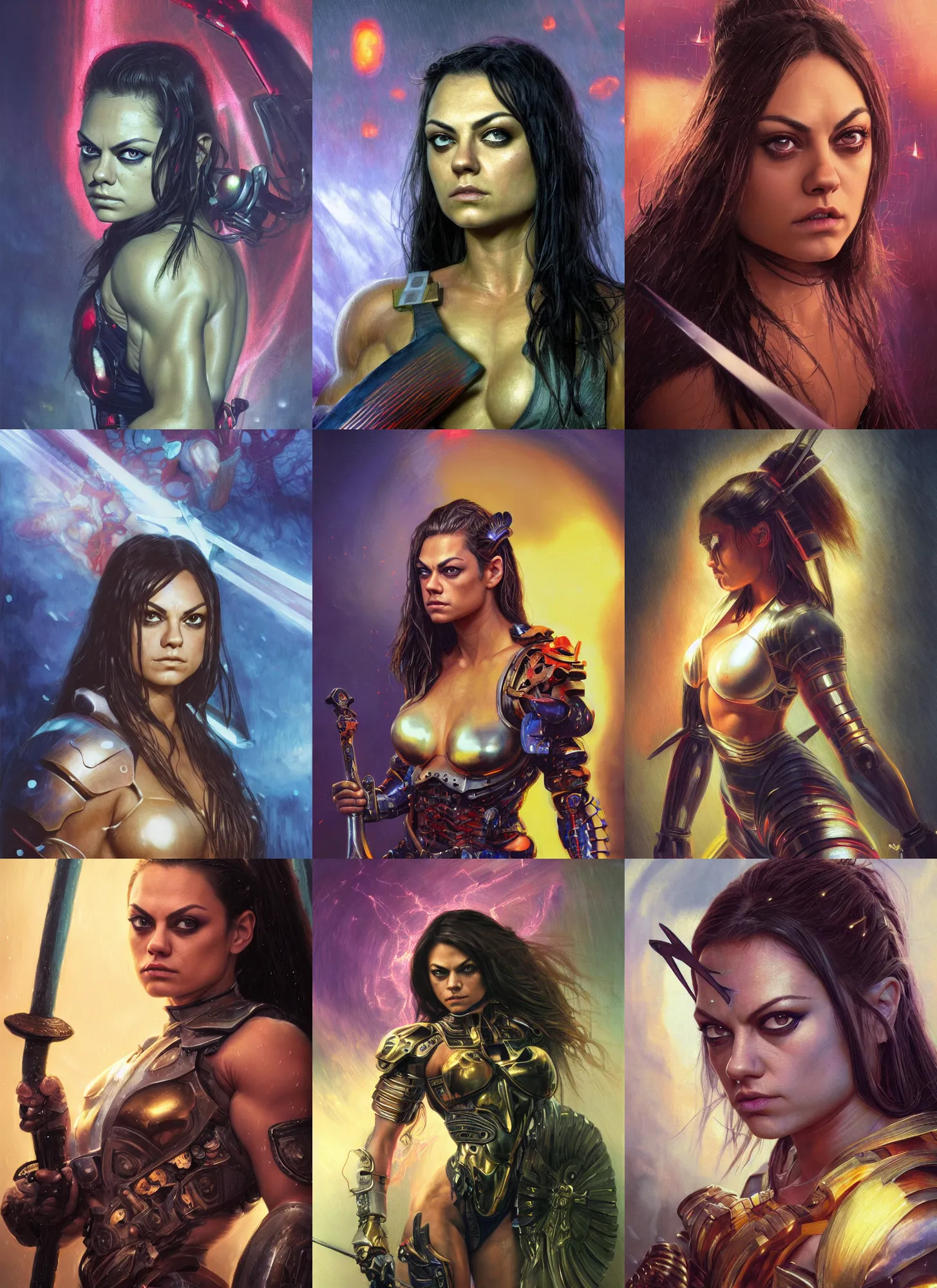 Prompt: bodybuilder mila kunis closeup portrait of a beautiful biblical diabolical samurai girl looking into the camera holding a sword, cyborg neon lit armor, foggy fireflies, cinematic studio light, golden hour, gerald brom, mikhail vrubel, peter elson, muted pastel colors, extreme detail, light rain, trending on artstation, 8 k