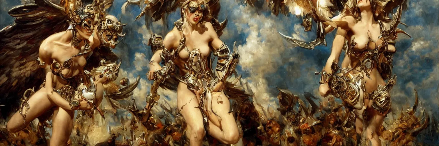 Prompt: a nymph wearing a broken black armor floating in the sky ready to fight angels, the nymph is wearing jewellery and is holding skulls in her hands, extremely realistic and highly detailed painting by gaston bussiere and j. c. leyendecker 8 k