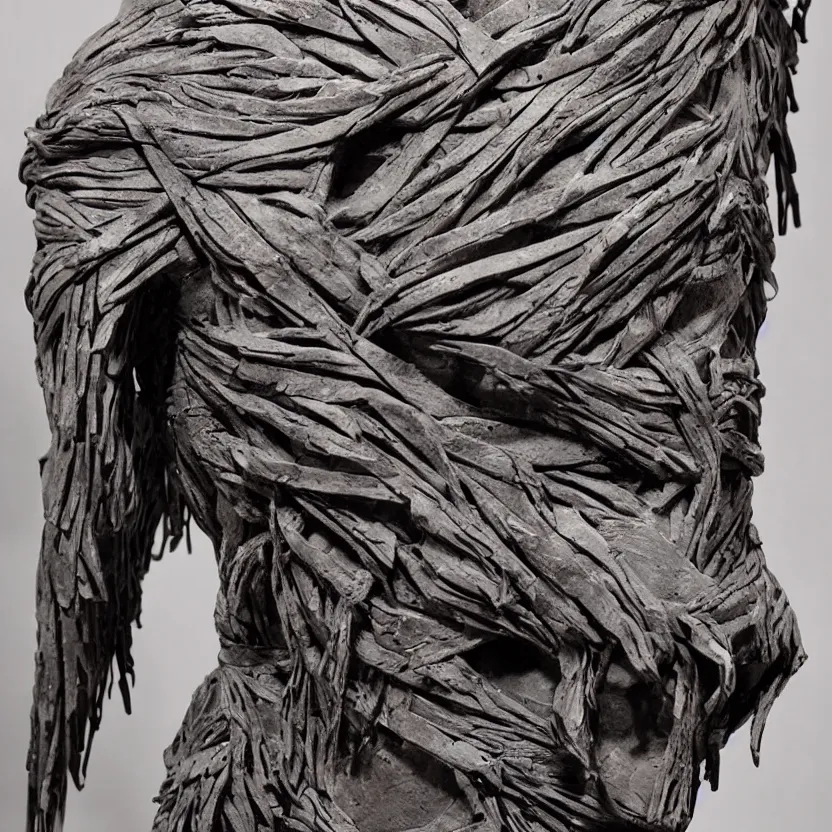 Prompt: imposing scary intricate raven stone sculpture made of oily cords