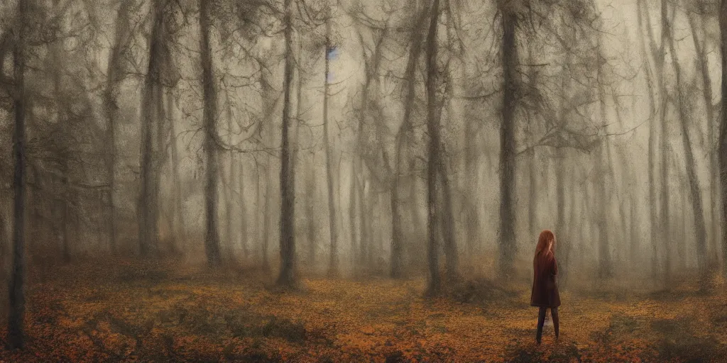 Image similar to a girl in an autumn forest, by Aron Wiesenfeld, wolf, cinematic, detailed illustration, nature, fog, dark colors, suspense, intricate, 8k