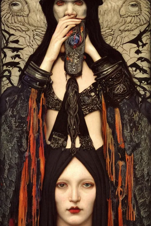 Prompt: portrait of a goth shaman with the head of a raven, by Annie Swynnerton and Nicholas Roerich and John Bauer and John William Godward and Donato Giancola and Vermeer, black leather and embroidered velvet, iridescent beetles, rich color, dramatic cinematic lighting, featured on Artstation, extremely detailed