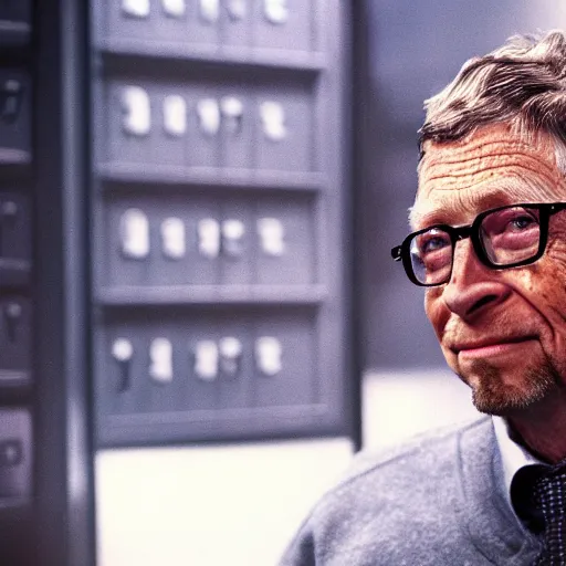 Image similar to blood ugly bill gates as a rough dirty old man with a scruffy beard in a dark blue trenchcoat as the new doctor who, cinematic, volumetric lighting, f 8 aperture, cinematic eastman 5 3 8 4 film, photorealistic