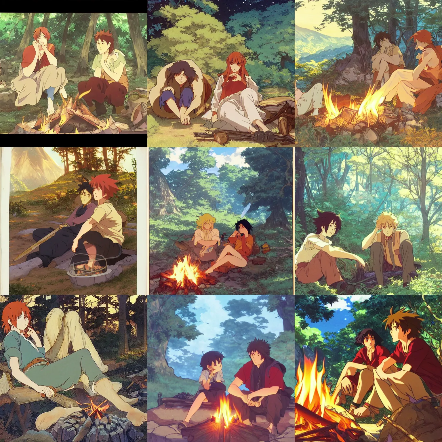 Prompt: A pair of adventurers resting by a campfire, fantasy, defined facial features, highly detailed, animation cel, official Kyoto Animation and Studio Ghibli anime screenshot, by Makoto Shinkai and Alphonse Mucha