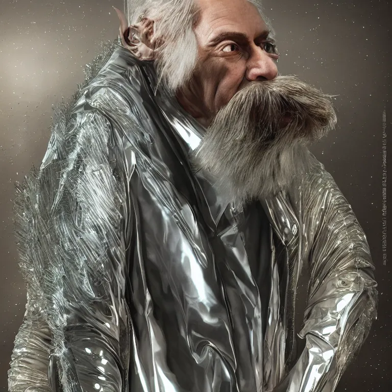 Prompt: high fashion photoshoot octane render portrait by wayne barlow and carlo crivelli and glenn fabry, a distinguished sci - fi futuristic wizard with a long white beard wearing a clear plastic iridescent jacket and holding a magical adorable critter while standing inside a futuristic beautiful boutique fantasy hotel lobby, very short depth of field, bokeh