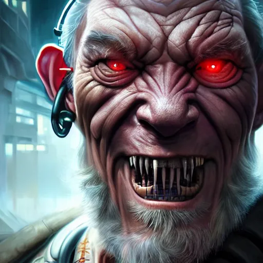 Prompt: portrait painting of a cyberpunk orc doctor muscular ian mckellen with fangs and tusks, ultra realistic, concept art, intricate details, eerie, highly detailed, photorealistic, octane render, 8 k, unreal engine. art by artgerm and greg rutkowski and charlie bowater and magali villeneuve and alphonse mucha